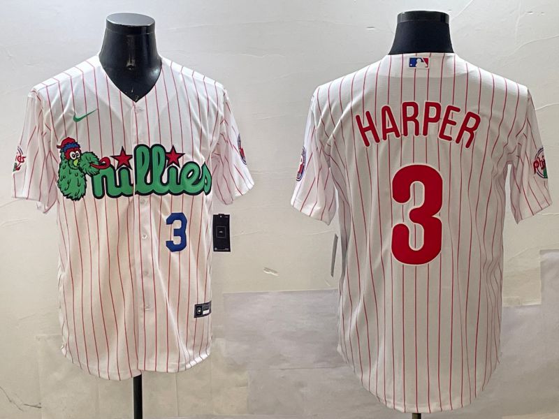 Men Philadelphia Phillies 3 Harper White Stripe Three generations Joint Name Game 2025 Nike MLB Jersey style 3